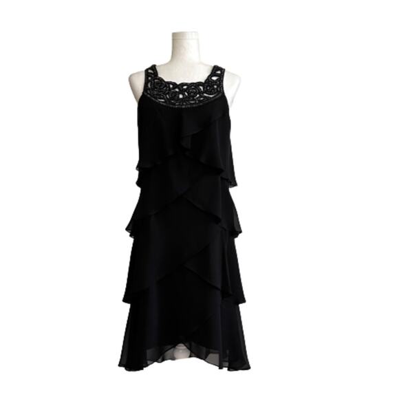 SLNY Dress Black Chiffon Beaded Neck Sleeveless Tiered Ruffle Cocktail 10 NEW - Picture 1 of 12